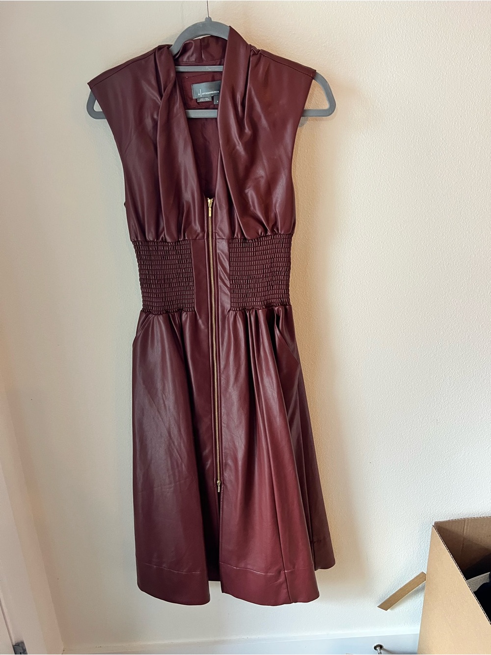 Anthropologie Burgundy Faux Leather Midi Dress with Smocked Waist